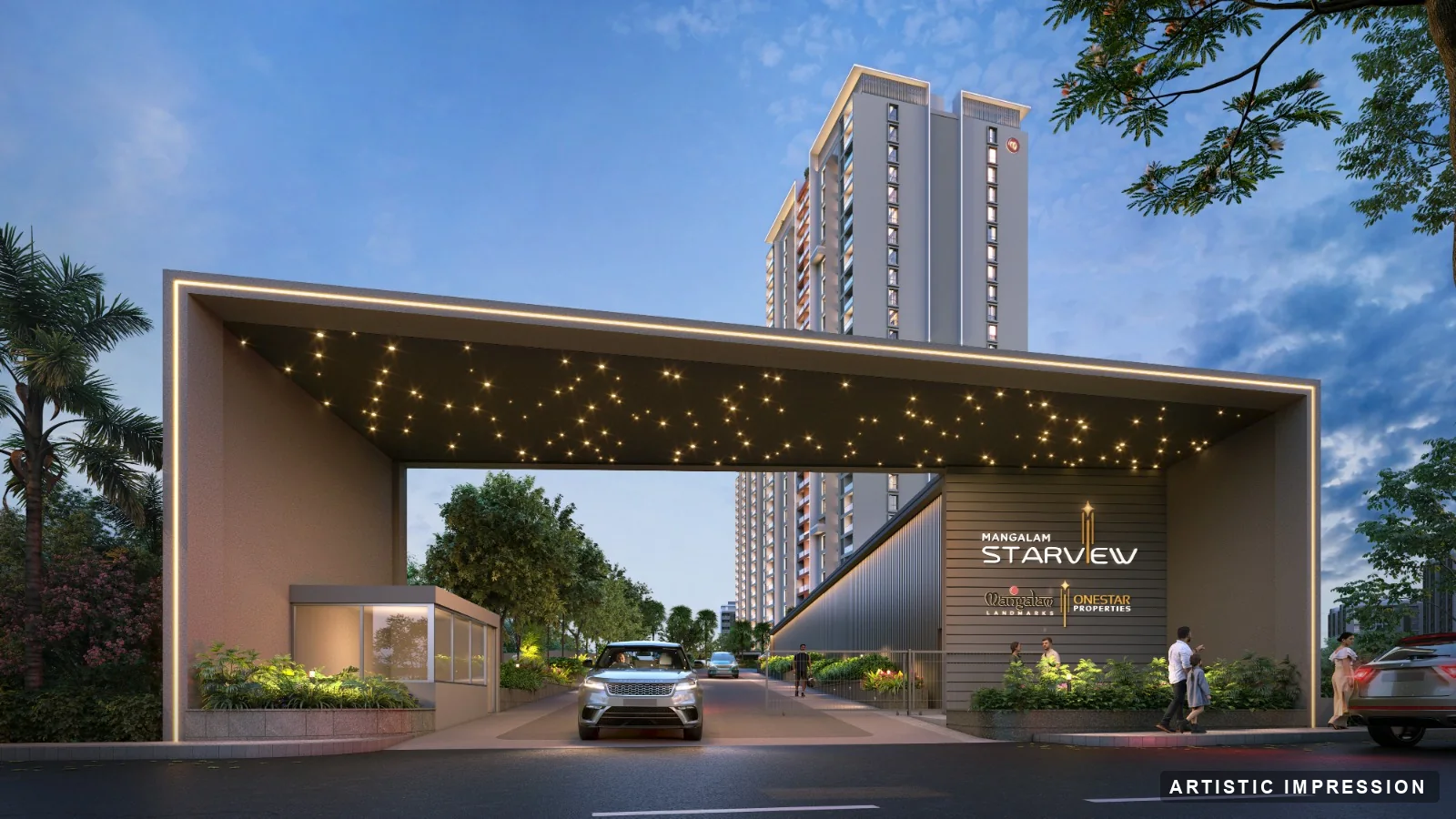 Grand entrance with a lit canopy at dusk, Mangalam Starview, Kiwale — 2 & 3 BHK Signature Homes by Mangalam Landmarks