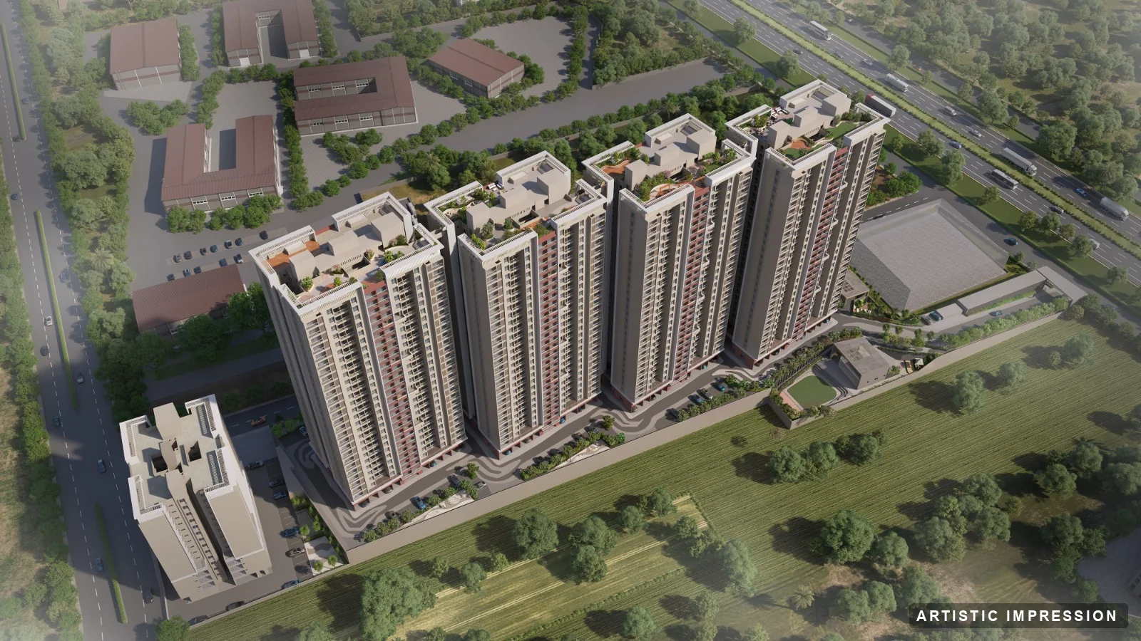 Aerial master-plan render of Mangalam Starview — four 27-storey towers A, B, C and D in Kiwale, Pune