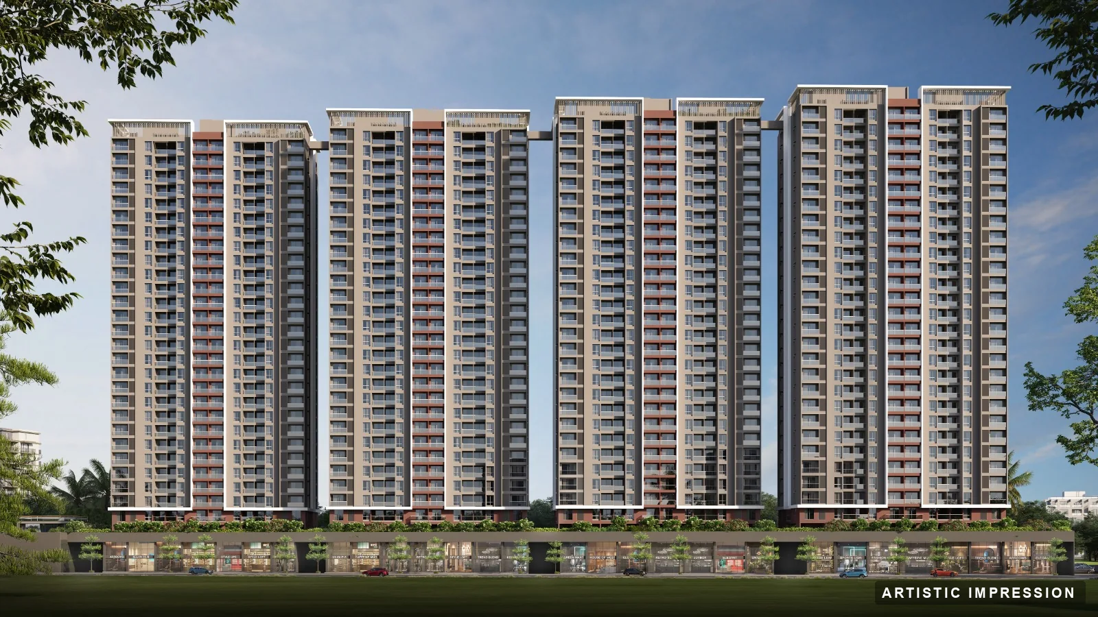 Wide daytime elevation of Mangalam Starview towers with the retail podium in Kiwale, Pune
