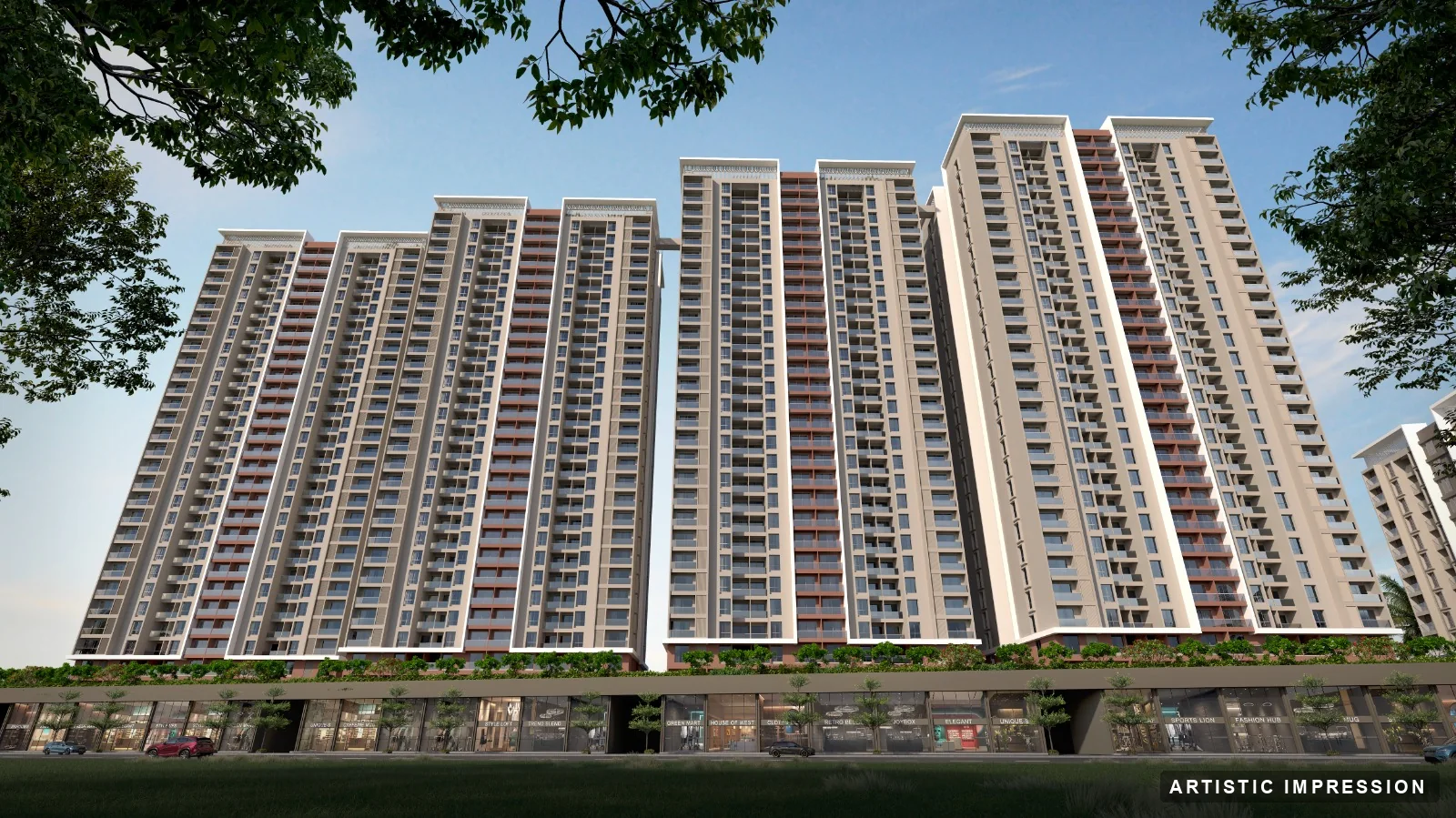 Four 27-storey Mangalam Starview towers A, B, C and D above a retail podium in Kiwale, Pune